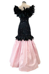 Rare 1986 Fabrice Simon Couture Off Shoulder Beaded Black Dress w Pastel Pink Lower Skirts