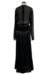 Spectacular 1970s Givenchy by Hubert de Givenchy Black Chiffon Dress w Colored Rhinestones