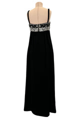 Sophisticated 1960s Donald Brooks Fine Black Wool Crepe Dress w Elaborate Rhinestone Detailing