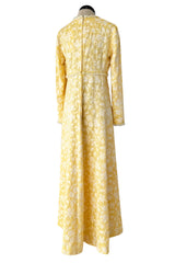 Prettiest 1960s Yves Saint Laurent Stoffler Fabrics Yellow Brocade Dress w Clear Beads