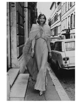 Documented 1960s Tiziani Couture by Karl Lagerfeld Peach Silk Plunge Dress w Matching Feather Cape