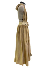 Fantastic Fall 1980 Bill Tice Metallic Gold Halter Front Backless Dress w Top Stiched Tie Belt & Front Slit