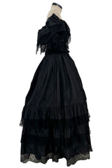 Dramatic 1970s Louis MiesOff Shoulder Haute Couture Silk Dress w Hand Made Lace & Full Skirt