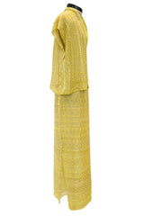Incredible Late 1970s Halston Couture Hand Beaded Silk Skirt & Sleeveless Top Set in Yellow