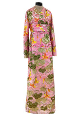 Stunning Fall 1970 Bill Blass Pink Quilted Silk Floral Pattern Metallic Dress w Banded Waist