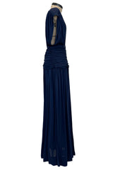 Resort 1986 Yves Saint Laurent Deep Plunge Front Blue Draped Silk Jersey Dress