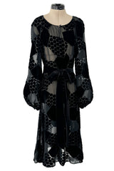 Fantastic Early 1970s Miss Dior Black Silk Velvet Fused Onto Black Transparent Silk Chiffon Dress