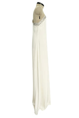 Beautiful 2000s Emilio Pucci Ivory Silk One Shoulder Caftan Dress w Gold & White Beaded Detail