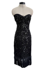 Fall 1992 Emanuel Ungaro Strapless Sequin SIlk & Lace Black Dress w Fringed & Beaded Hem