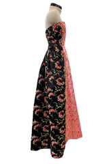 Dreamy 1960s Unlabeled Strapless Black Dress w Front Pink Panel & Floral Embroidery