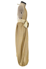 1981 Bill Tice Gold Metallic Backless Jumpsuit w Wide Balloon Legs