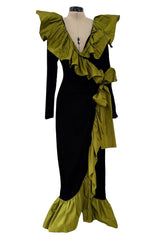 Amazing Fall 1984 Yves Saint Laurent Runway Black Velvet Wrap Dress w Olive Silk Taffeta Ruffles