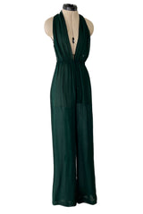 Incredible circa 1973 Halston Couture Green Silk Chiffon Backless & Plunging FrontJumpsuit