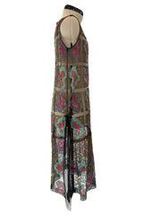 Intricate 1920s Unlabeled Gold Metallic Lame Thread & Sequin on Black Silk Net Flapper Dress