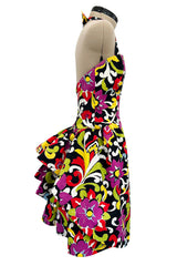Gorgeous Resort 1993 Christian Lacroix Crisp Cotton Floral Print Halter Dress w Pouf Back Skirt