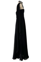Gorgeous Spring 1989 Bill Blass Runway Black Silk Halter Chiffon w Trailing Shoulder Panels