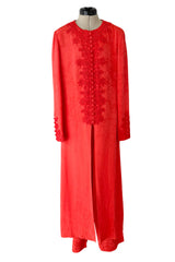 1970s Oscar de la Renta Coral Orange Wide Leg Pant & Long Caftan Tunic Set w Silk Cord Detailing