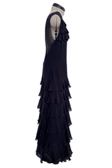 Spring 2001 Chanel by Karl Lagerfeld Midnight Blue Silk Chiffon Dress w Ruffles & Low Back