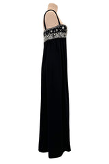 Sophisticated 1960s Donald Brooks Fine Black Wool Crepe Dress w Elaborate Rhinestone Detailing