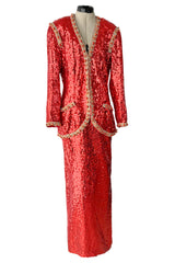 Bright Red 1980s Balenciaga Le Dix Sequin Jacket & Skirt Suit w Gold Braiding & Beadwork Detailing