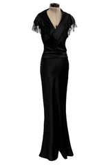 Iconic Fall 2005 John Galliano Black Silk Bias Cut Dress w Plunge Front & Lace Trimmed Cap Sleeves