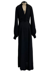 1969 Ossie Clark Bishop Sleeve Black Moss Crepe Dress w Button Front & Dog Ear Collar