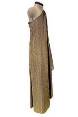 1978 Halston One Shoulder Draped Gold Metallic Jersey Dress