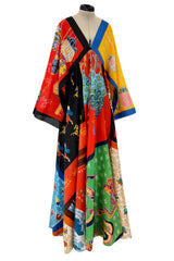 Iconic 1972 LaVetta Multi Scarf Printed Silk Caftan Dress w Wide Sleeves