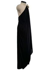 1981 Bill Tice Black One Shoulder Jersey Dress w Gold Lame Flower Detailing