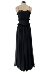 Prettiest 1992 Chanel by Karl Lagerfeld Black Silk Chiffon Dress w Black Lace Detailing