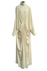 1970s Yuki by Gnyuki Torimaru for Rembrandt Ivory Jersey Caftan Dress W Gathered Front