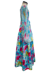 Prettiest 1970s Richilene Pastel Turquoise & Pink Floral Print Silk & Silk Chiffon Dress w Balloon Sleeves