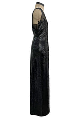 1973 Loris Azzaro Couture Black Flame Sequin Detailing & Feather Light Silk Chiffon Dress