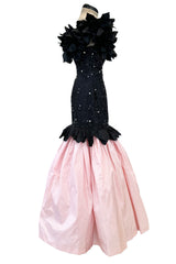 Rare 1986 Fabrice Simon Couture Off Shoulder Beaded Black Dress w Pastel Pink Lower Skirts