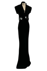 Minimalist Late 1990s Jean Louis Scherrer by Stephane Rolland Black Plunge Dress w Sequin Detailing