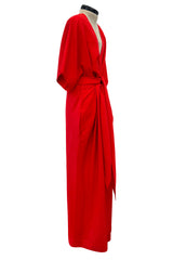 Fabulous 1970s Halston Wrap Plunge Red Full Length Dress w Wide Sleeves & Original Sash