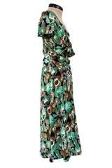 Prettiest 2019/2020 Prada 40s Inspired Lightweight Silk Dress w Green Floral Print & Ruffled Details