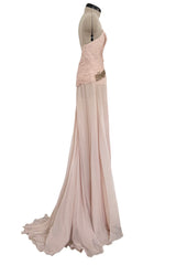 c 2007 Roberto Cavalli Pale Ballet Pink Pleated Silk Jersey Dress w Front Plunge & Rhinestones