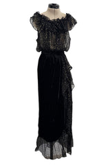 Rare Fall 1978 Yves Saint Laurent Runway Metallic Gold & Black Ruffle Top & Wrap Skirt Set