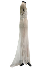 Dreamy 1993 John Anthony Couture Ivory Silk Chiffon Dress w Extensive Beading & Train
