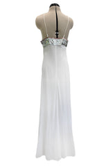 Late 1970s Ossie Clark White Jersey w Silver & Bronze Sequin Halter Dress w Matching Jacket