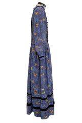 Prettiest 2000s Rochas by Olivier Theyskens Blue Silk Floral Watercolour Dress w Ruffles & Velvet Trim