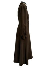 Elegant 1970s Madame Gres Haute Couture Chocolate Brown Day Dress w Full Sleeves & Collar