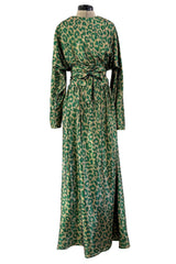 Incredible Fall 1979 Halston Runway Feather Light Green & Metallic Gold Lurex Dress w Original Belt