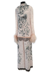 Resort 2018 Prada by Miuccia Ad Campaign & Runway Look 23 Pale Pink Tunic & Pant Set w Feather Cuffs