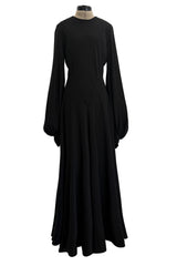 Exceptional 1970s George Stavropoulos Couture Black Silk & Bias Cut Dress w Balloon Sleeves & Flowing Skirt