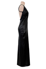 Exceptional Fall 2000 Richard Tyler Couture Plunging Front & Open Back Sculpted Black Ultrasoft Leather Dress