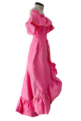 1980s Unlabeled Demi-Couture Pink Silk Dress w Ruffled Front & Caped Shoulders