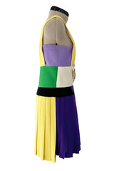 2014 Fausto Puglisi Bright Multi Colour 'Greco-Roman' Mini Dress w Gold Rhinestone Medallion