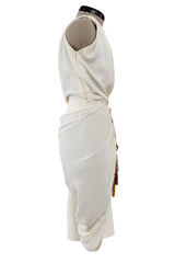 Spring 1990 Hubert de Givenchy Haute Couture Runway Ivory Silk Dress w Gold Metal Detailing